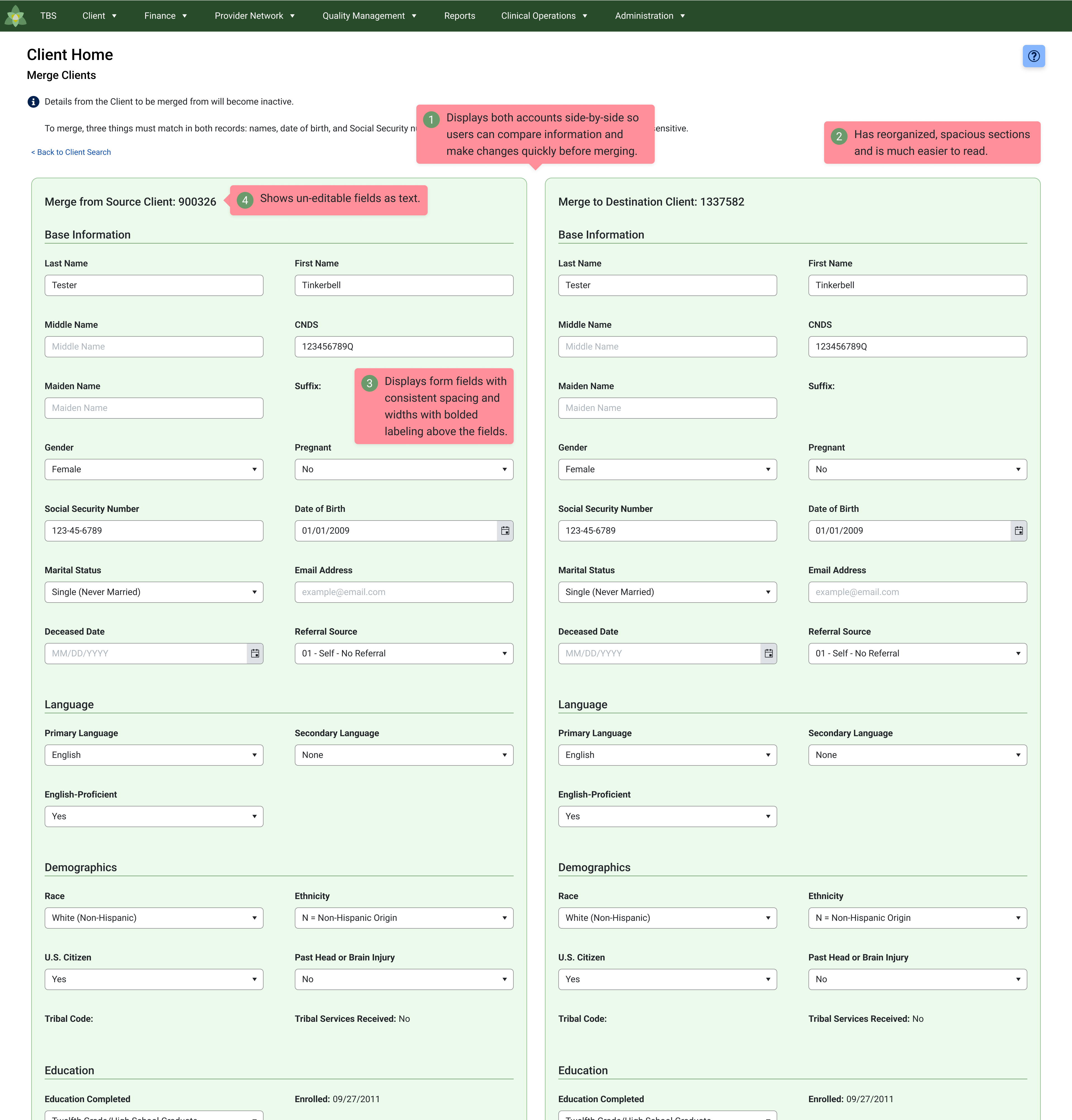 Redesigned Merge Clients page