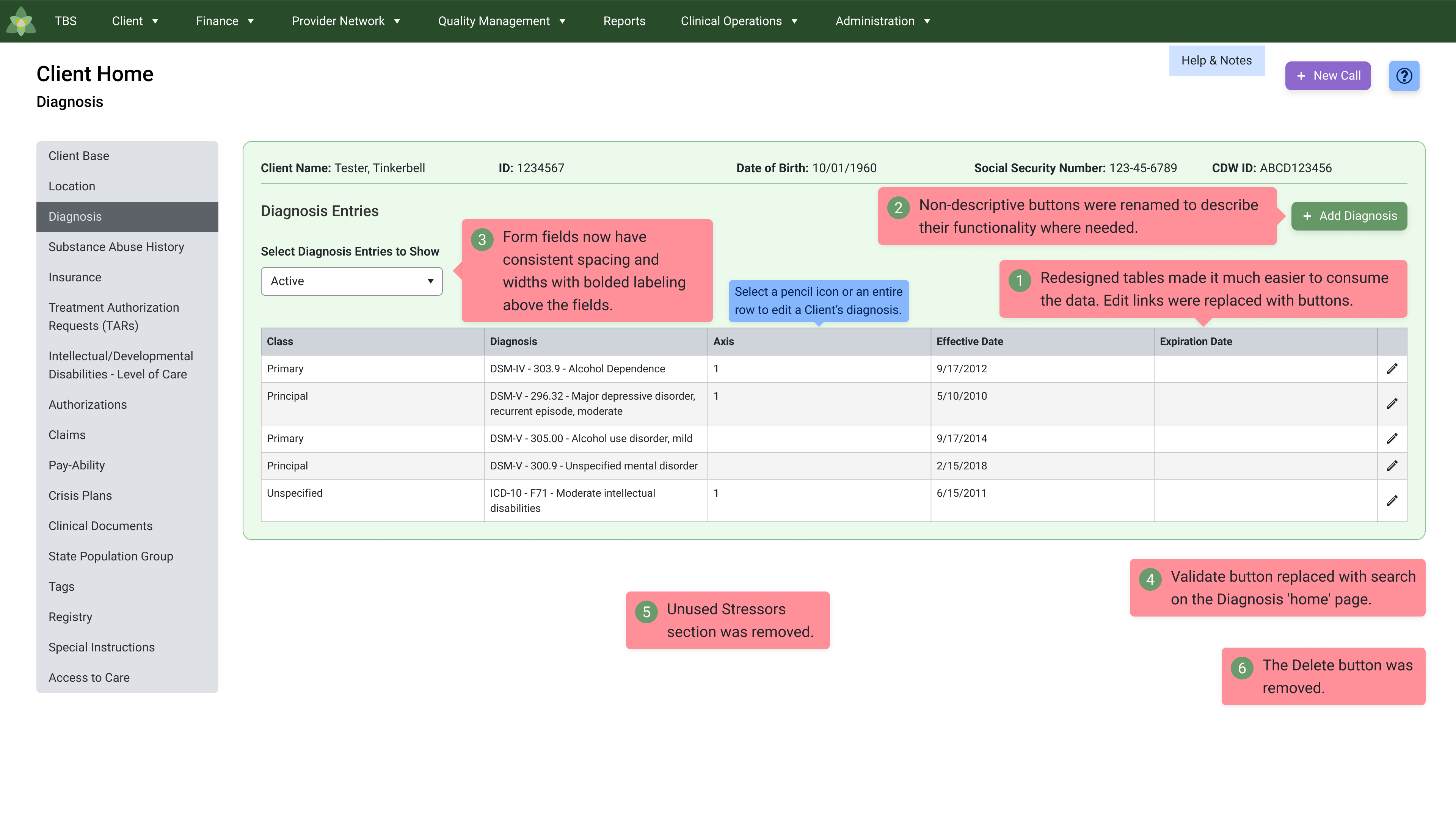 Redesigned Diagnosis page